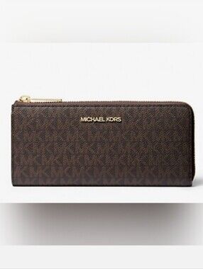 Michael Kors Wallet Brown Signature Jet Set Large Logo Quarter Zip Red Interior